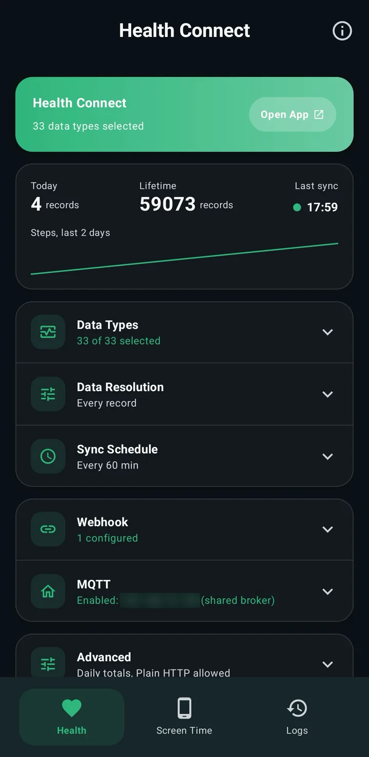 The Health tab of the Android app, with 33 data types selected