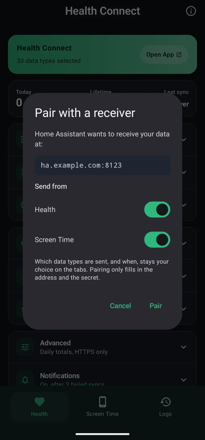The Pair with a receiver dialog in the Android app