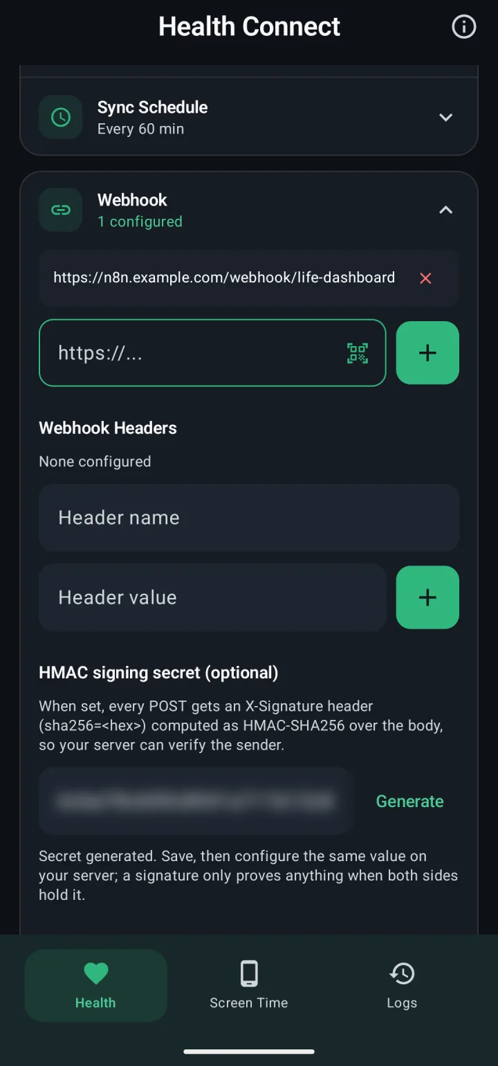 The Webhook settings with an HMAC signing secret