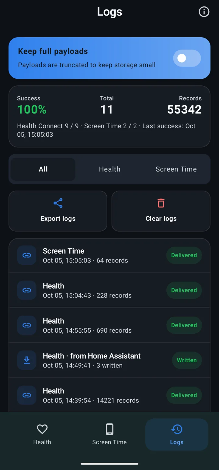 The delivery log in the Android app
