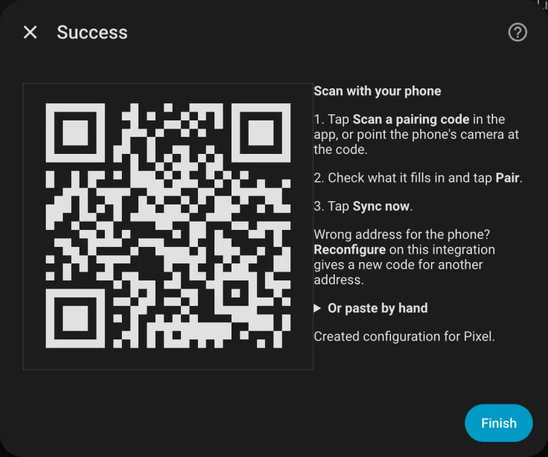 The Life Dashboard integration in Home Assistant showing a pairing QR code