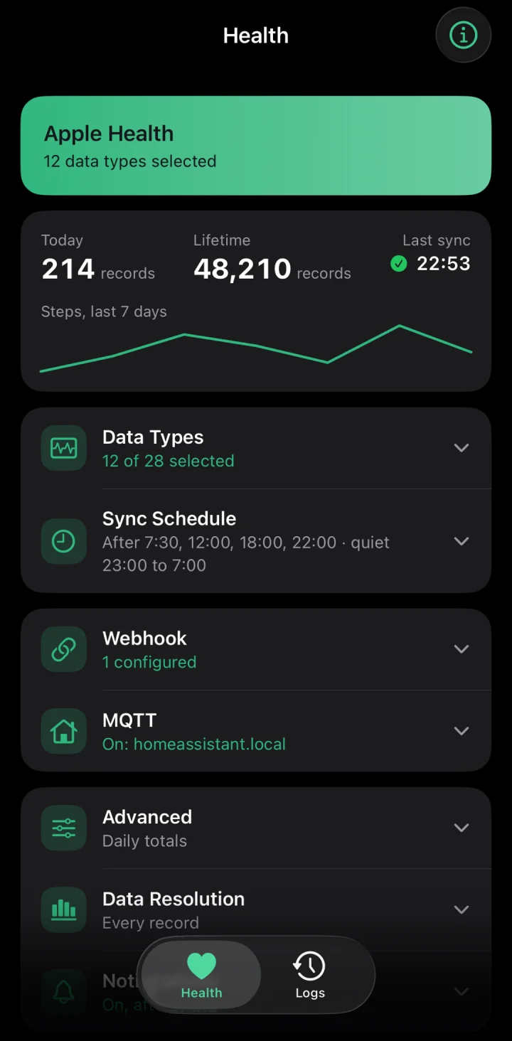 The Health tab of the iPhone app with Apple Health types