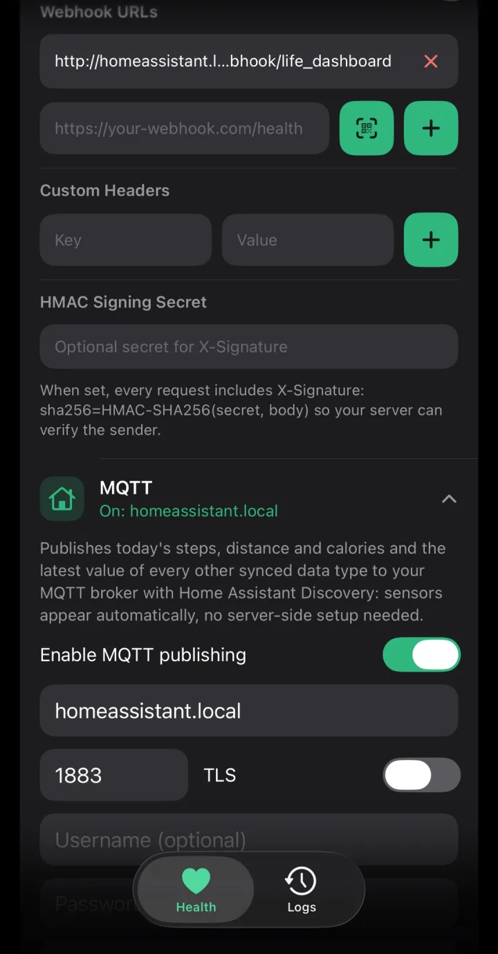 Webhook and MQTT settings in the iPhone app