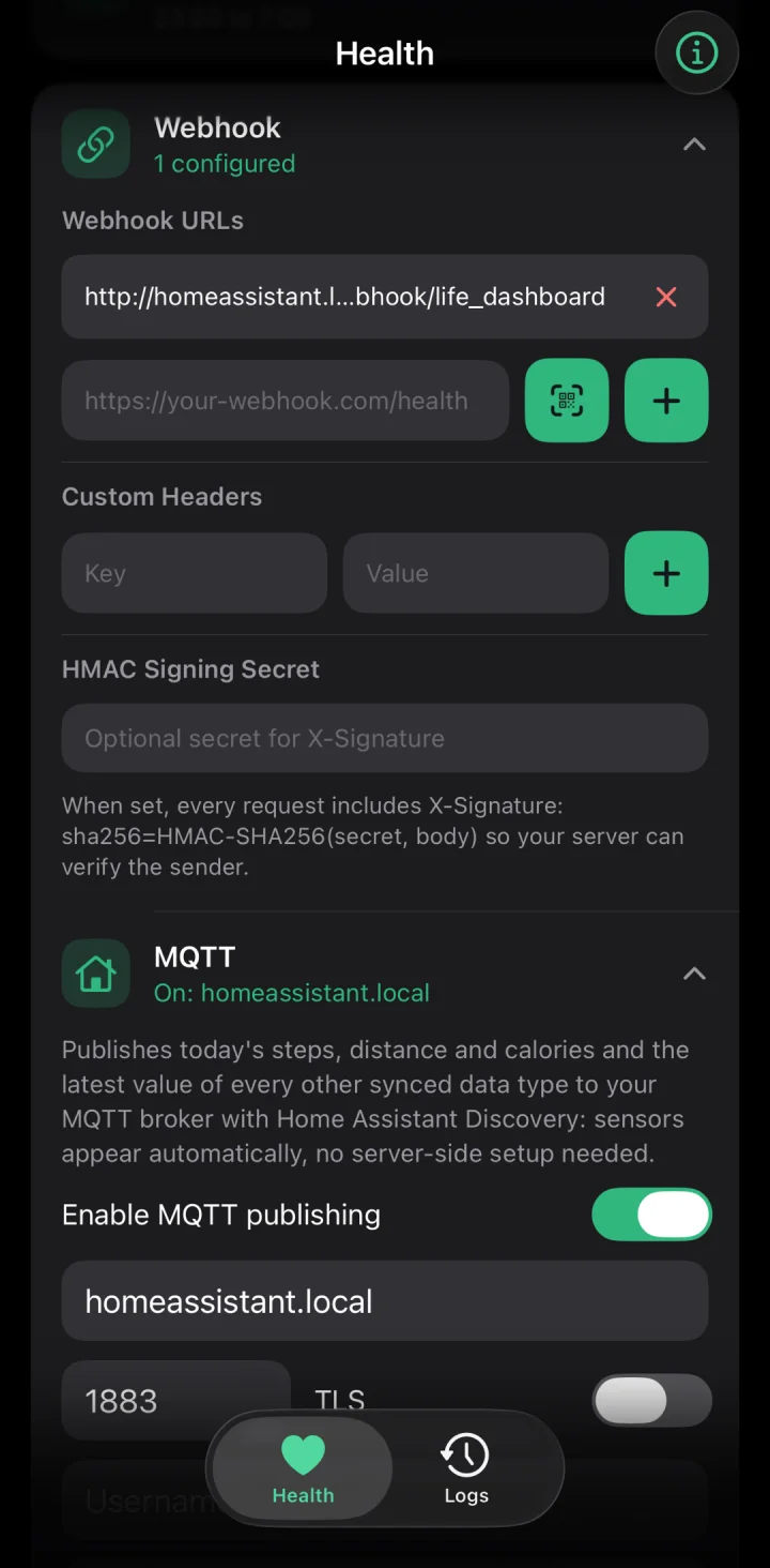 Webhook and MQTT settings in the iPhone app