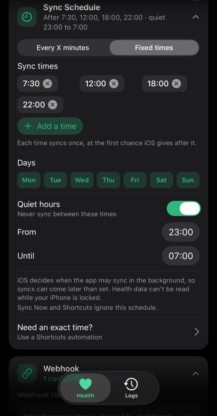The sync schedule of the iPhone app at fixed times with quiet hours