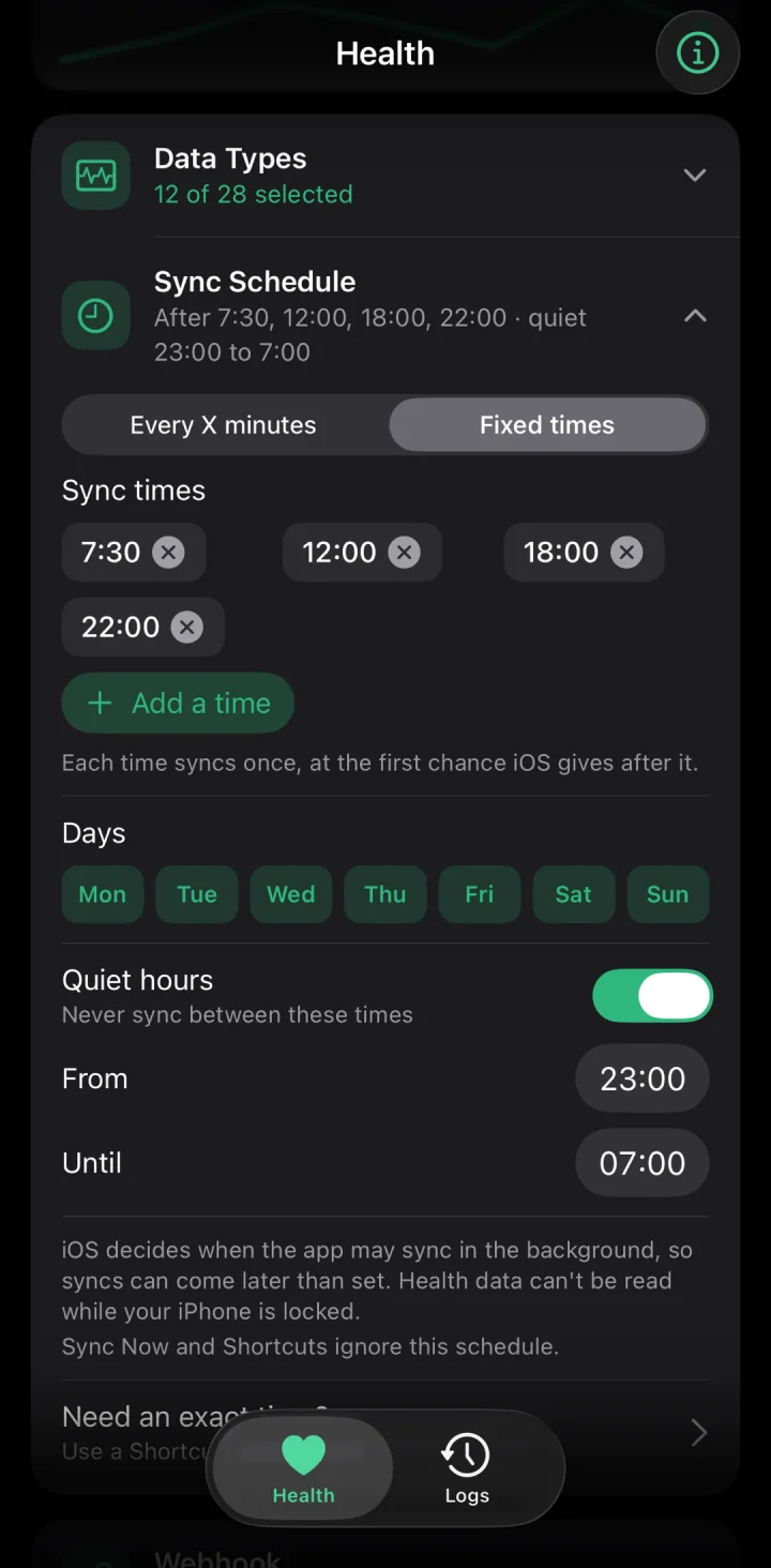 The sync schedule of the iPhone app at fixed times with quiet hours